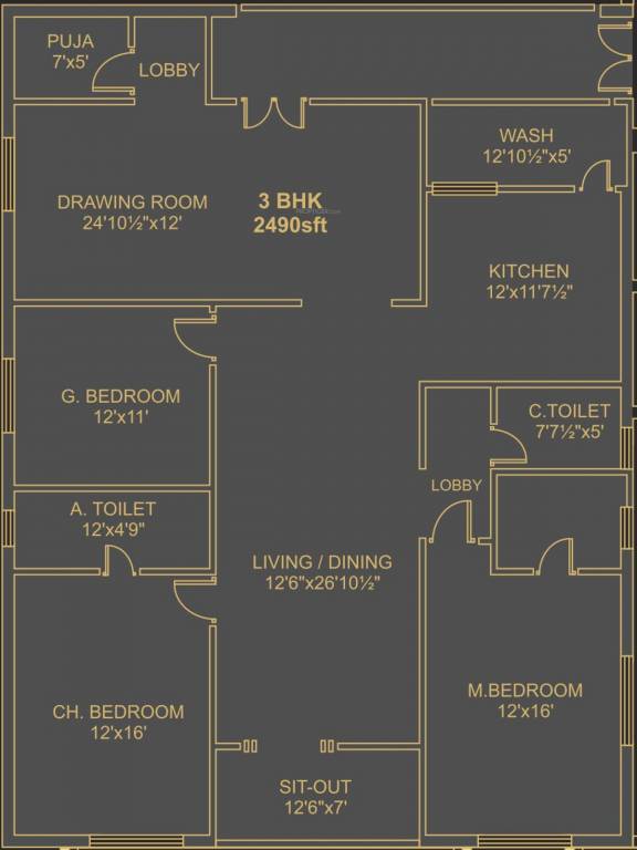 Ista Senor (3BHK+3T (2,490 sq ft) Pooja Room 2490 sq ft)