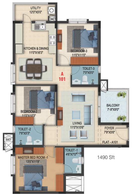 DS Needs 3 Project 276 (3BHK+3T (1,490 sq ft) 1490 sq ft)