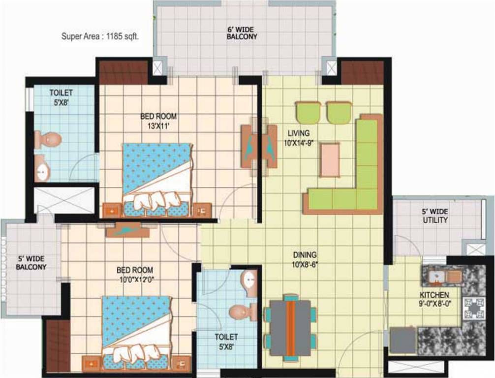 Amrapali Silicon City (2BHK+2T (1,185 sq ft) 1185 sq ft)