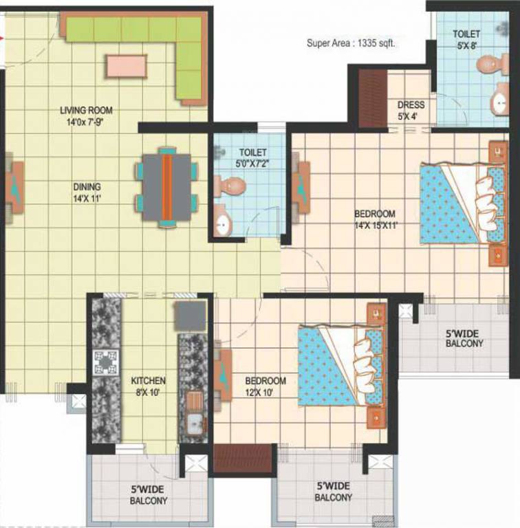 Amrapali Silicon City (2BHK+2T (1,335 sq ft) 1335 sq ft)