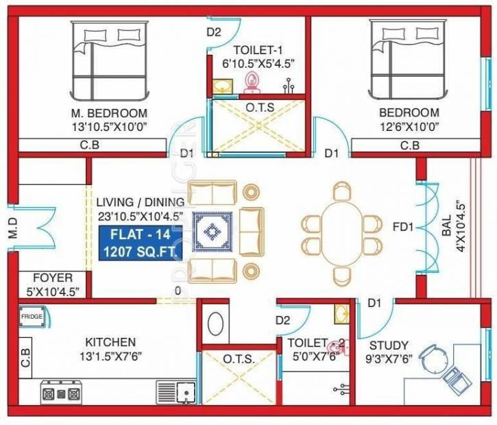 Anmol Abhinandhan (2BHK+2T (1,207 sq ft)   Study Room 1207 sq ft)