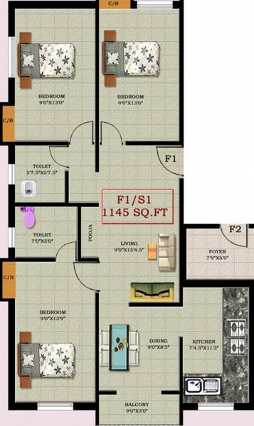 Raghav Majestic Flats (3BHK+2T (1,145 sq ft) + Pooja Room 1145 sq ft)