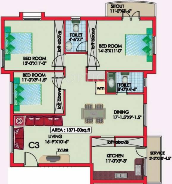 Engineers Westwood Residency Phase I (3BHK+2T (1,371 sq ft) 1371 sq ft)