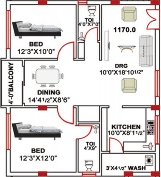 Shree Balaji Constructions Guntur Hibiscus Residency (2BHK+2T (1,170 sq ft) 1170 sq ft)