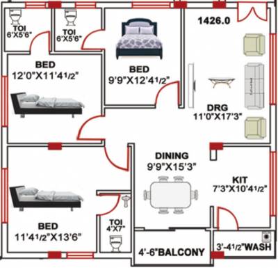 Shree Balaji Constructions Guntur Hibiscus Residency (3BHK+3T (1,426 sq ft) 1426 sq ft)