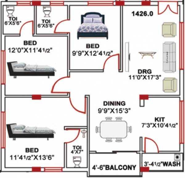 Shree Balaji Constructions Guntur Hibiscus Residency (3BHK+3T (1,426 sq ft) 1426 sq ft)
