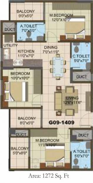 Sowparnika The Columns (3BHK+3T (1,272 sq ft) 1272 sq ft)