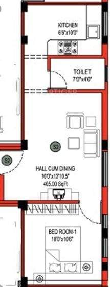 JKB Sri Ratna (1BHK+1T (405 sq ft) 405 sq ft)