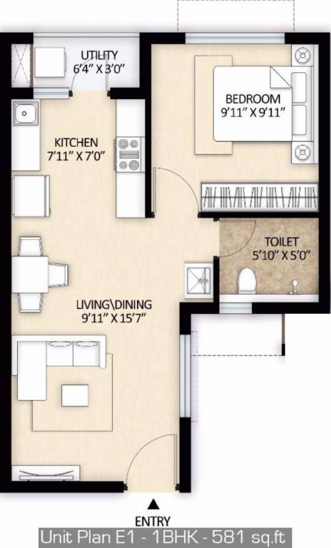 Mahindra Aqualily (1BHK+1T (581 sq ft) 581 sq ft)
