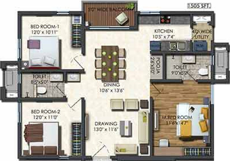 Aparna Sarovar Zenith (3BHK+2T (1,505 sq ft) + Pooja Room 1505 sq ft)
