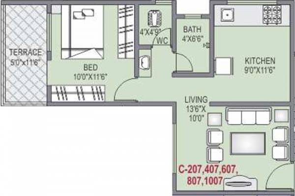 Lunkad Akash Tower (1BHK+1T (598 sq ft) 598 sq ft)