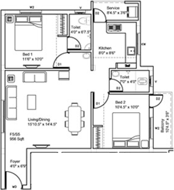 Ruby Crest (2BHK+2T (966 sq ft) 966 sq ft)