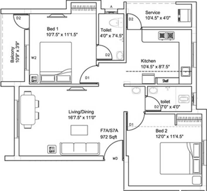Ruby Crest (2BHK+2T (972 sq ft) 972 sq ft)