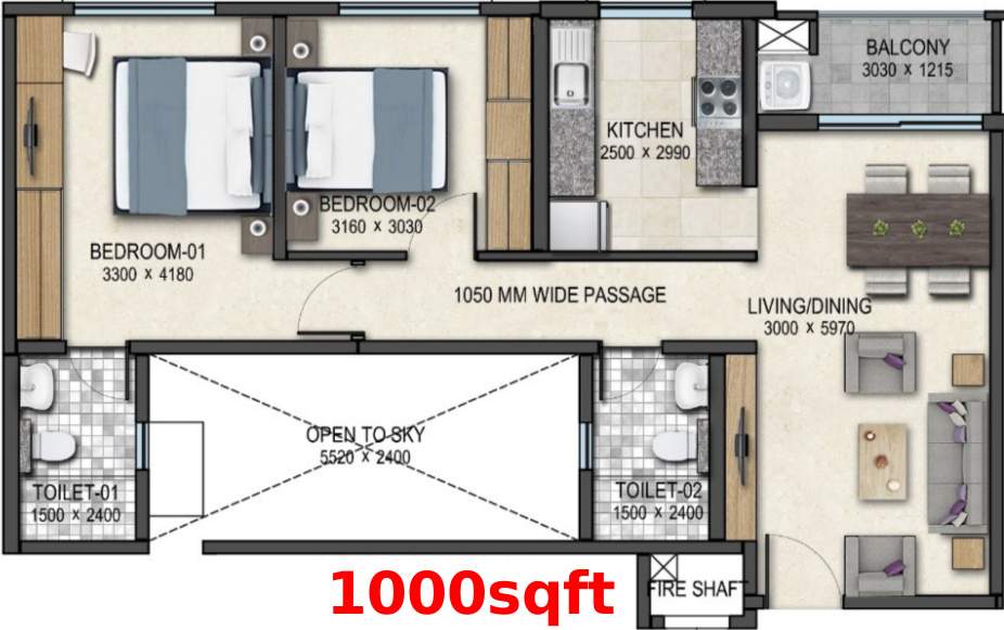 Sobha Palm Springs (2BHK+2T (1,000 sq ft) 1000 sq ft)