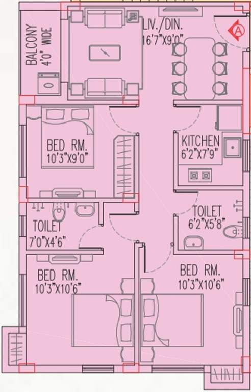 Magnolia Prestige (3BHK+2T (1,011 sq ft) 1011 sq ft)