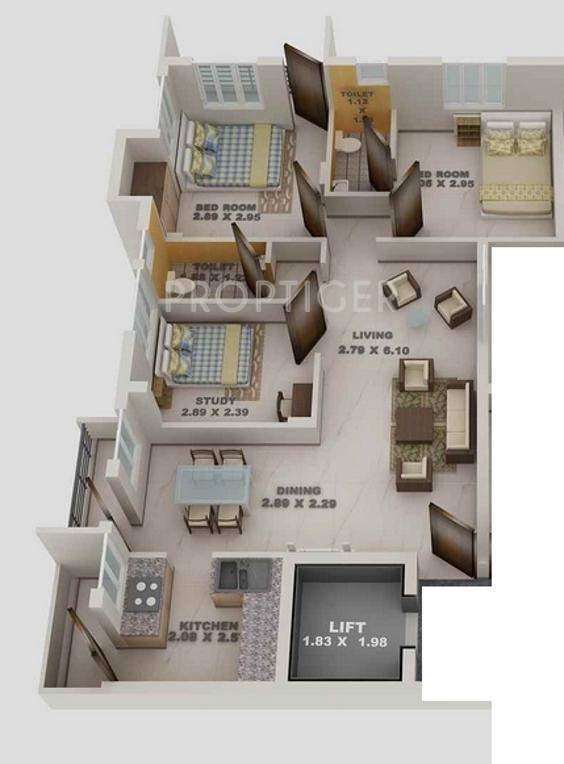 Blue Print Woodsville Apartment (3BHK+3T (1,000 sq ft) + Study Room 1000 sq ft)