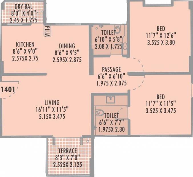 Vertical Oriana Phase I (2BHK+2T (666.72 sq ft) 666.72 sq ft)