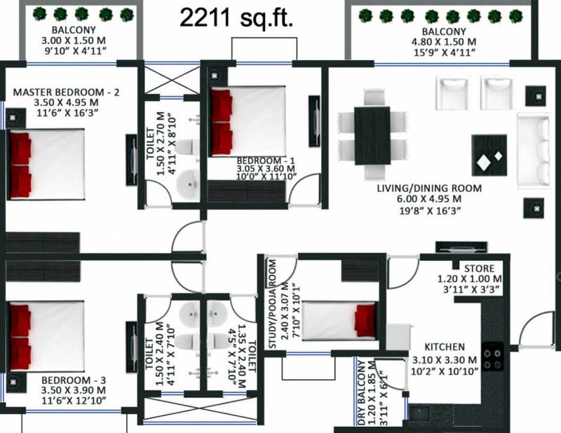 Godrej Garden City Pinecrest (3BHK+3T (2,211 sq ft) + Study Room 2211 sq ft)