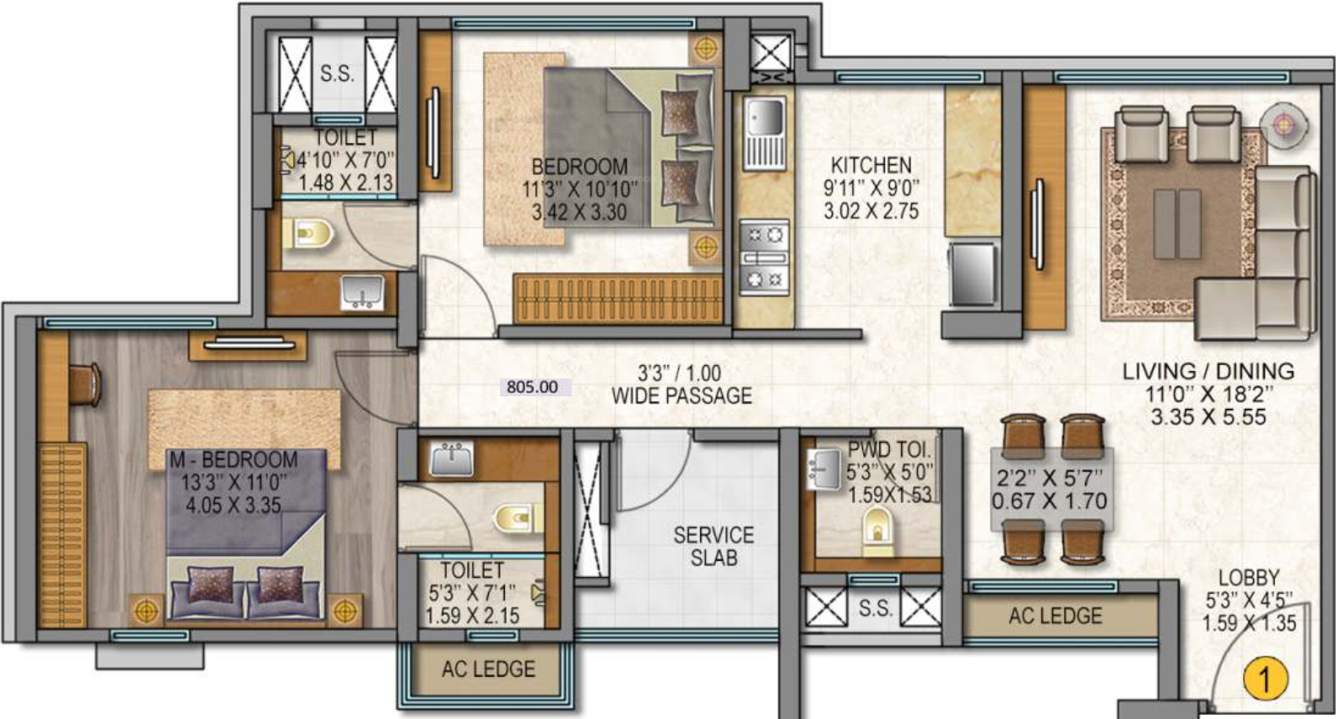 Sheth Auris Serenity Tower 2 (2BHK+2T (805.14 sq ft) 805.14 sq ft)