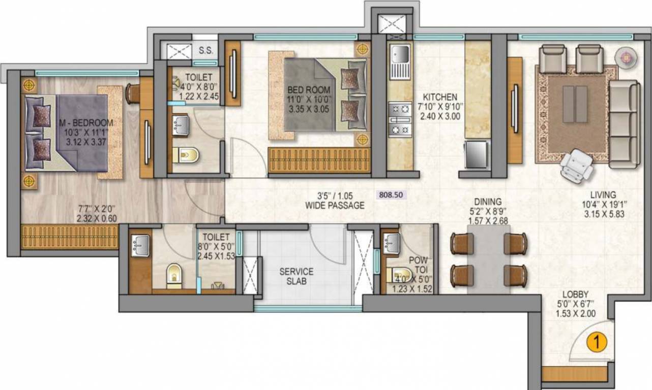 Sheth Auris Serenity Tower 3 (2BHK+2T (808.91 sq ft) 808.91 sq ft)