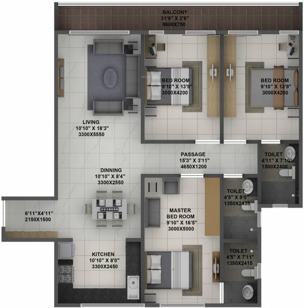 Terraform Dwarka Wing B (3BHK+3T (1,086.62 sq ft) 1086.62 sq ft)