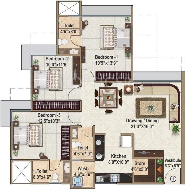 Ajmera And Sheetal Casa Vyoma (3BHK+3T (1,665 sq ft) 1665 sq ft)