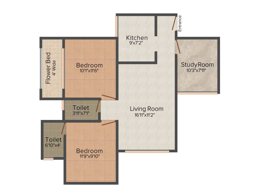 Right Vrindavan (2BHK+2T (741.96 sq ft) + Study Room 741.96 sq ft)