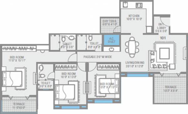 Vishal Skyscraper Phase 1 (3BHK+3T (1036.67 sq ft) 1036.67 sq ft)