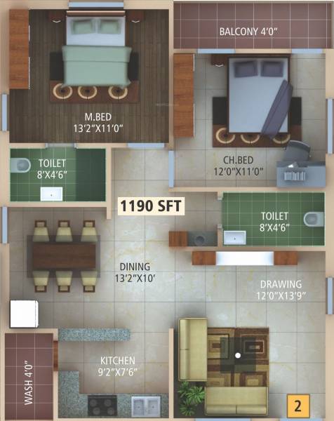 Raam Heavens (2BHK+2T (1,190 sq ft) 1190 sq ft)