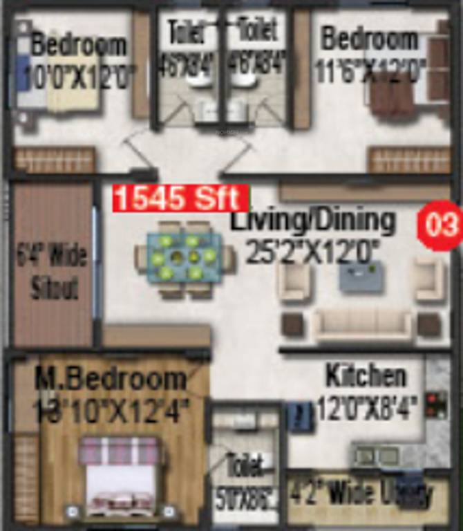 Pavani Divine (3BHK+3T (1,545 sq ft) 1545 sq ft) Pavani Divine (3BHK+3T (1,545 sq ft) 1545 sq ft)