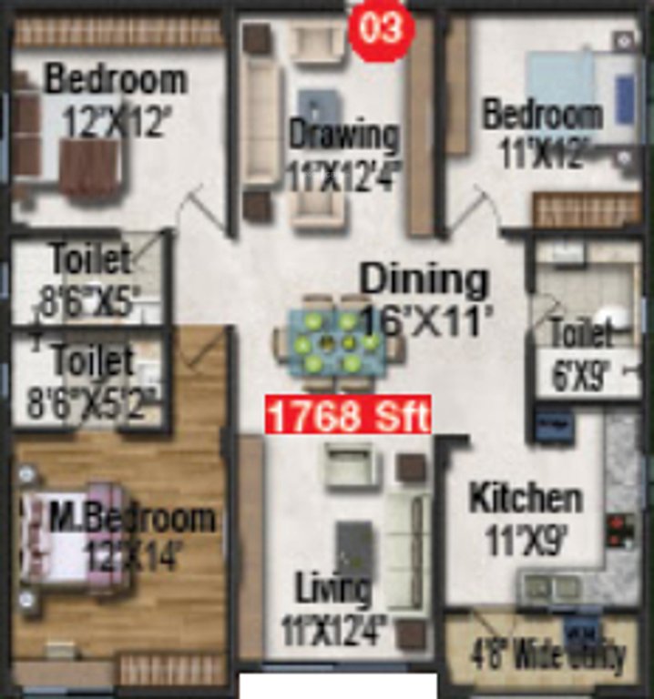 Pavani Divine (3BHK+3T (1,768 sq ft) 1768 sq ft)