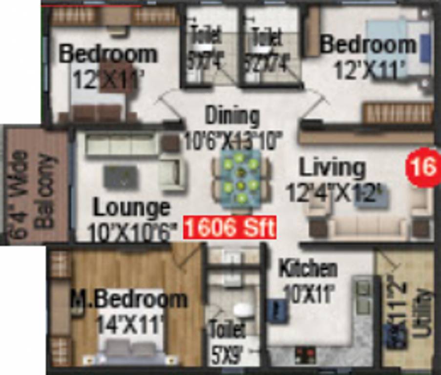 Pavani Divine (3BHK+3T (1,606 sq ft) 1606 sq ft)