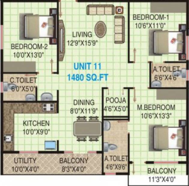 Lakvin Elite (3BHK+3T (1,480 sq ft) + Pooja Room 1480 sq ft)