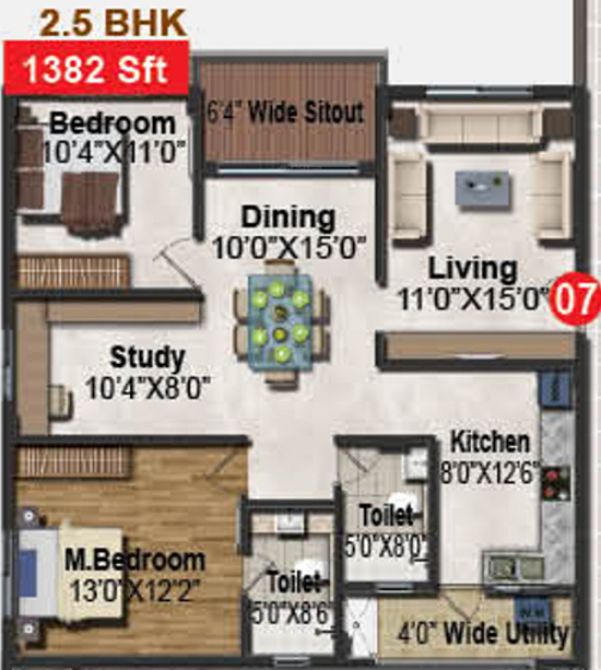 Pavani Divine (2BHK+2T (1,382 sq ft) + Study Room 1382 sq ft)