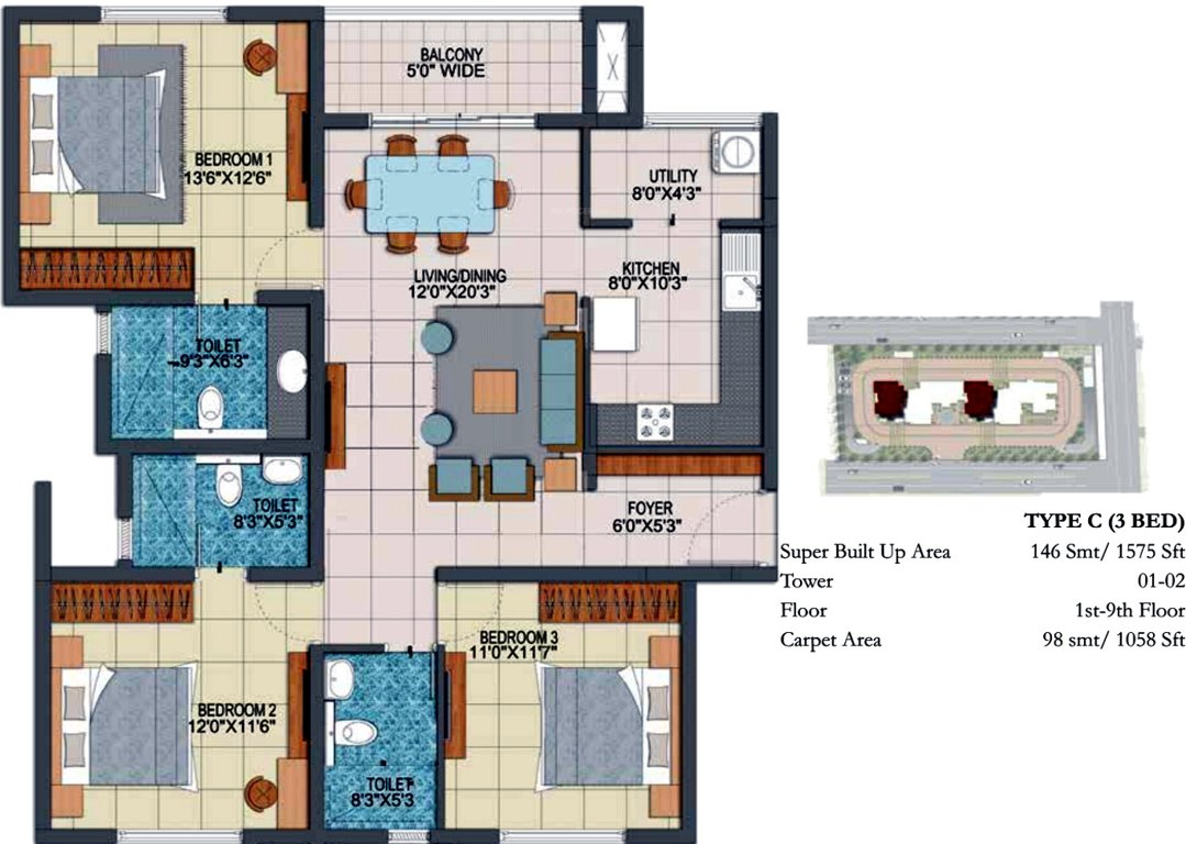 Prestige Fontaine Bleau (3BHK+3T (1,575 sq ft) 1575 sq ft)