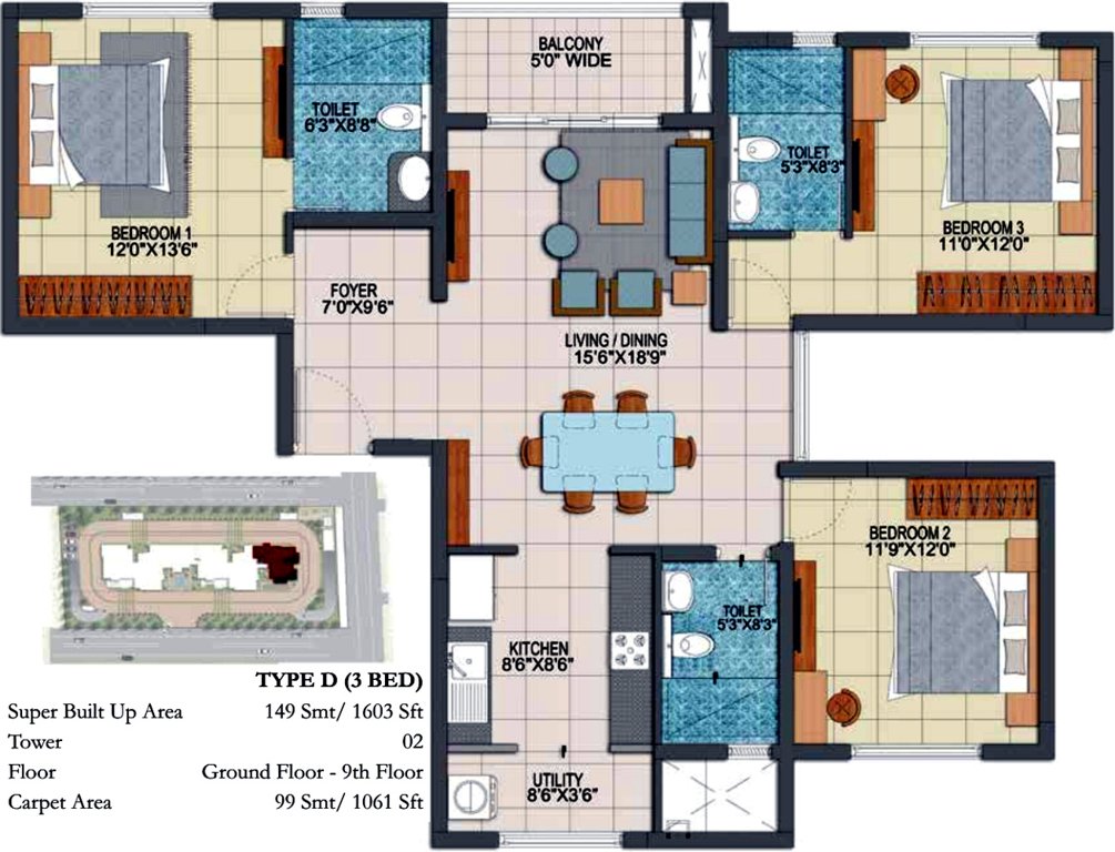 Prestige Fontaine Bleau (3BHK+3T (1,603 sq ft) 1603 sq ft)