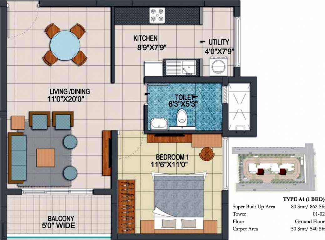 Prestige Fontaine Bleau (1BHK+1T (862 sq ft) 862 sq ft)