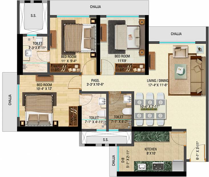 Bhoomi Celestia A Wing (3BHK+3T (873.06 sq ft) 873.06 sq ft)