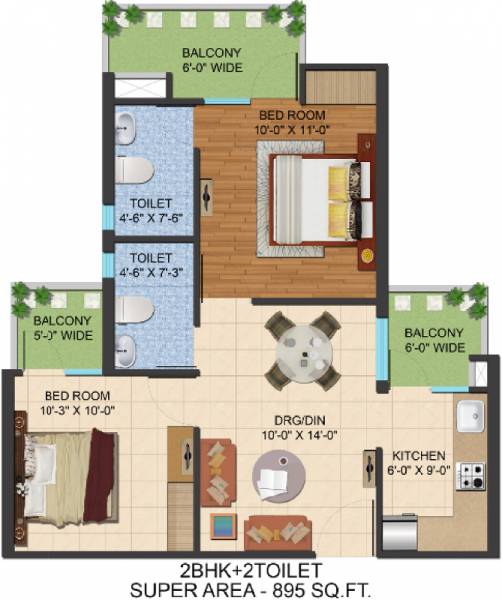 Ajnara Prime Tower (2BHK+2T (895 sq ft) 895 sq ft)