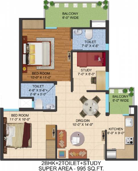 Ajnara Prime Tower (2BHK+2T (995 sq ft) + Study Room 995 sq ft)