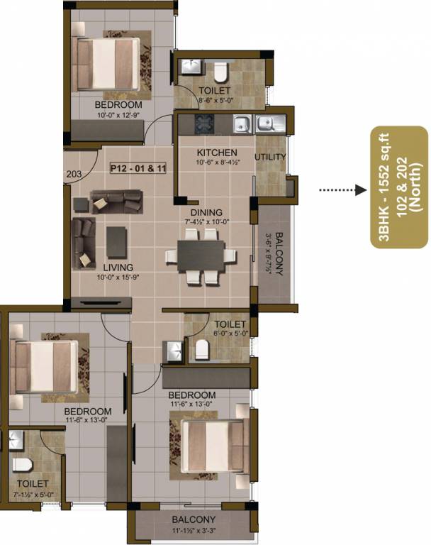 Sidharth Pearl (3BHK+3T (1,552 sq ft) 1552 sq ft)