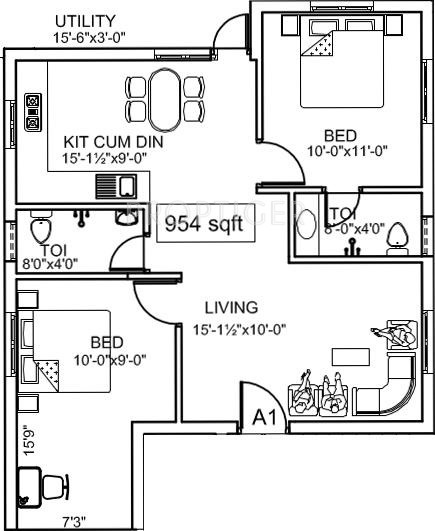 Suprabhatham Tngo Colony (2BHK+2T (954 sq ft) 954 sq ft)