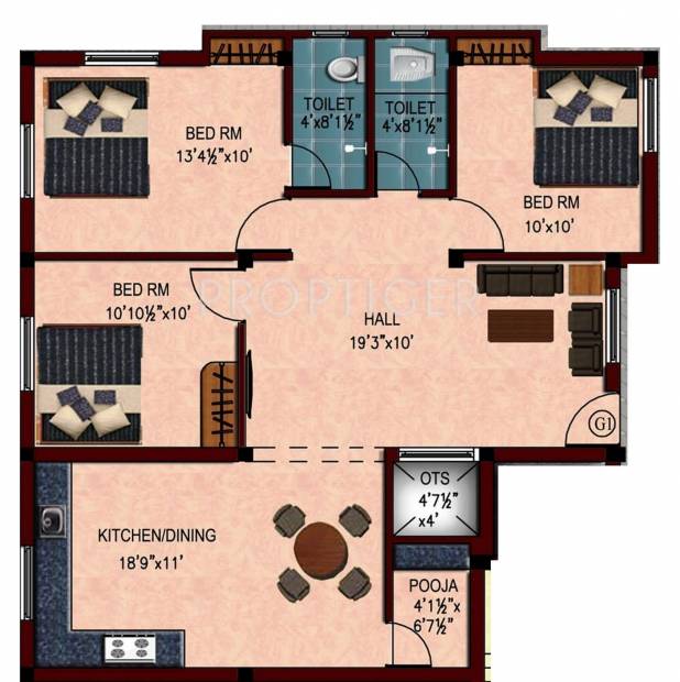 Guru Sayuri Flats (3BHK+2T (1,211 sq ft)   Pooja Room 1211 sq ft)