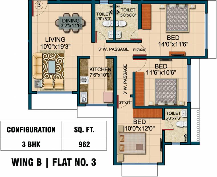 Romell Diva (3BHK+3T (962 sq ft) 962 sq ft)