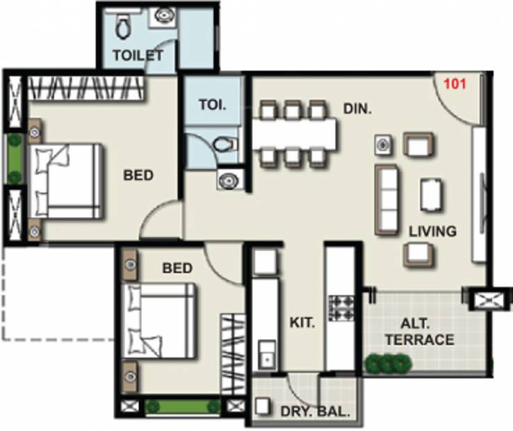 Suyojit Viridian Vallis Phase 1 E8 Vivide (2BHK+2T (736.68 sq ft) 736.68 sq ft)