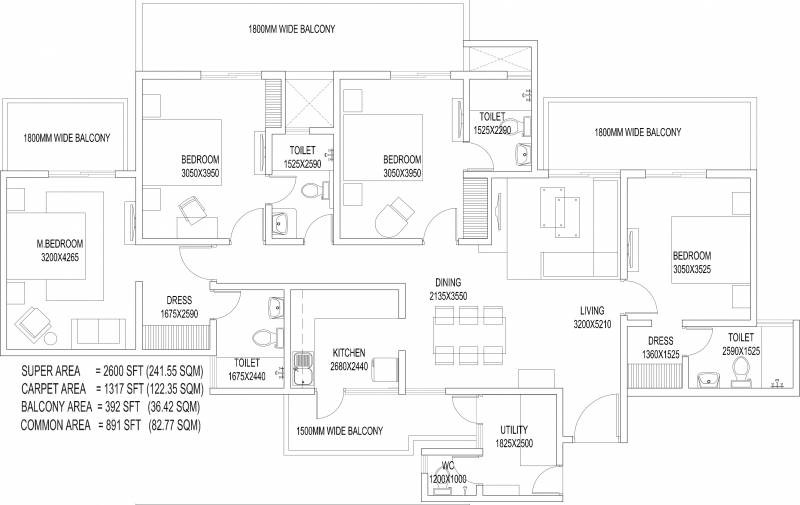 2600 sq ft 4 BHK Floor Plan Image Central Park Aqua