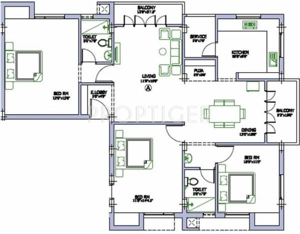 Pushkar Lavanya Floor Plan (3BHK+3T)
