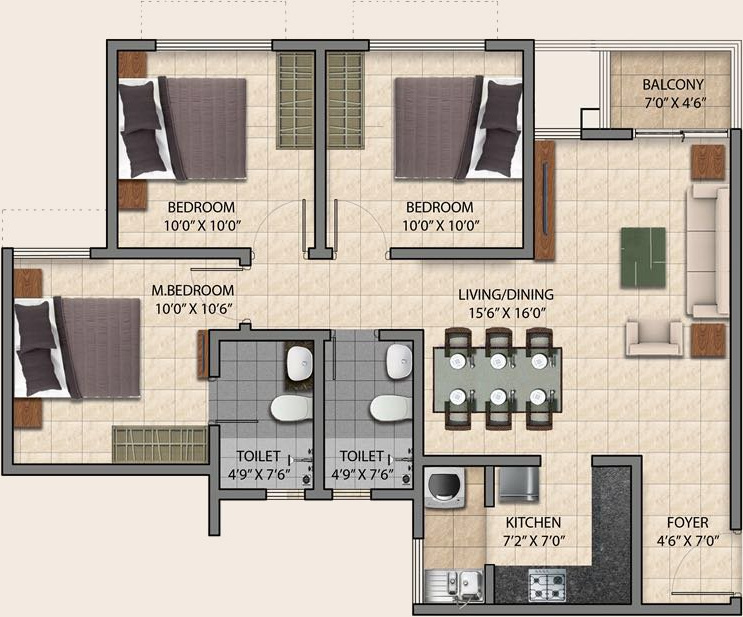 Provident Park Square (3BHK+2T (1,106 sq ft) 1106 sq ft)