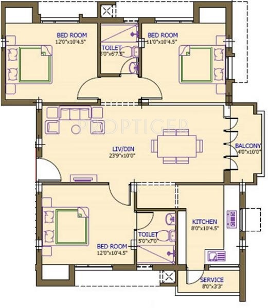 Floor Plan (3BHK+3T) Pushkar Sai Raj Gardens Floor Plan (3BHK+3T)