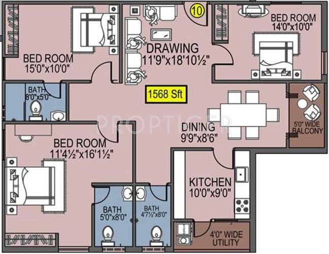 Rooshna Majestic Vistas (3BHK+3T (1,568 sq ft) 1568 sq ft)